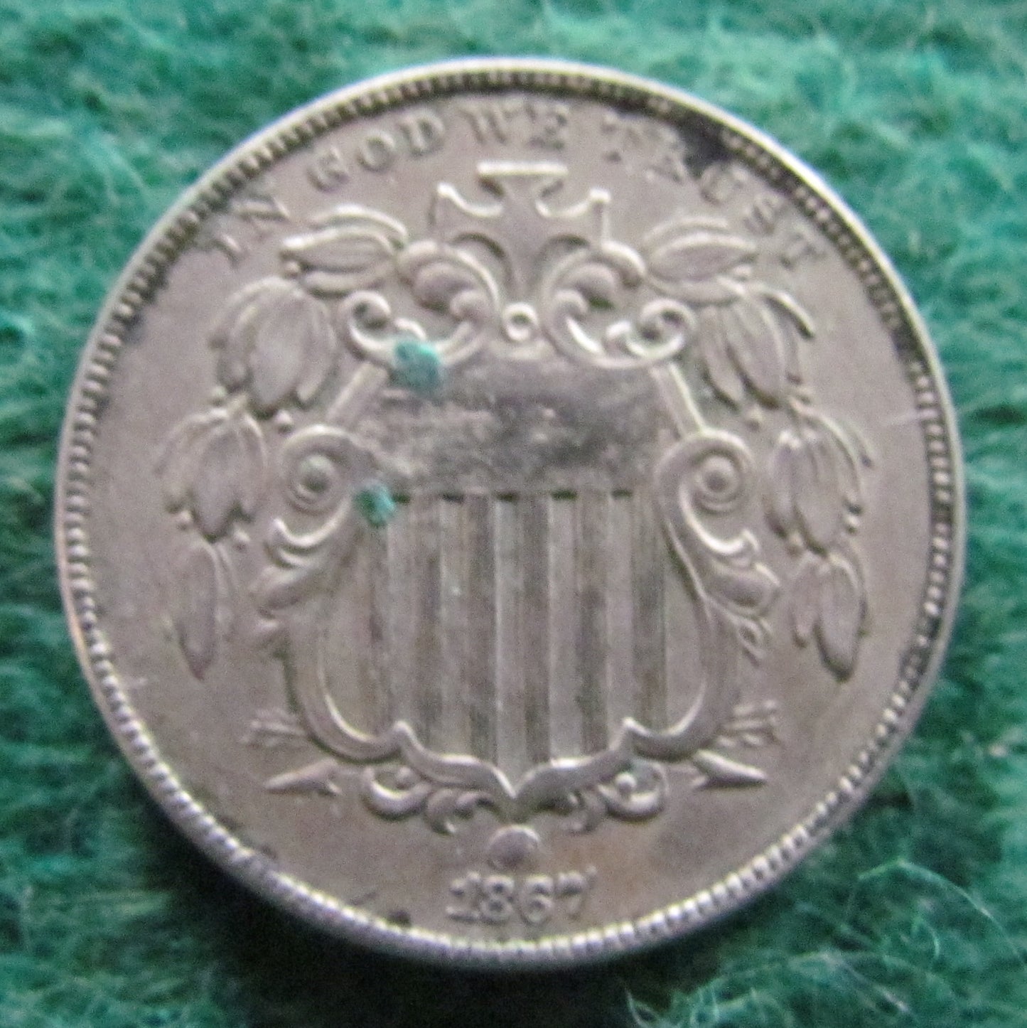 USA American 1867 Shield Nickel Coin  - Circulated Struck From Cracked Die