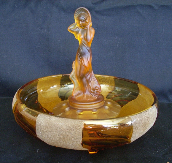 Amber glass float bowl depicting an Art Deco period female mythical figure standing ( 3 piece )