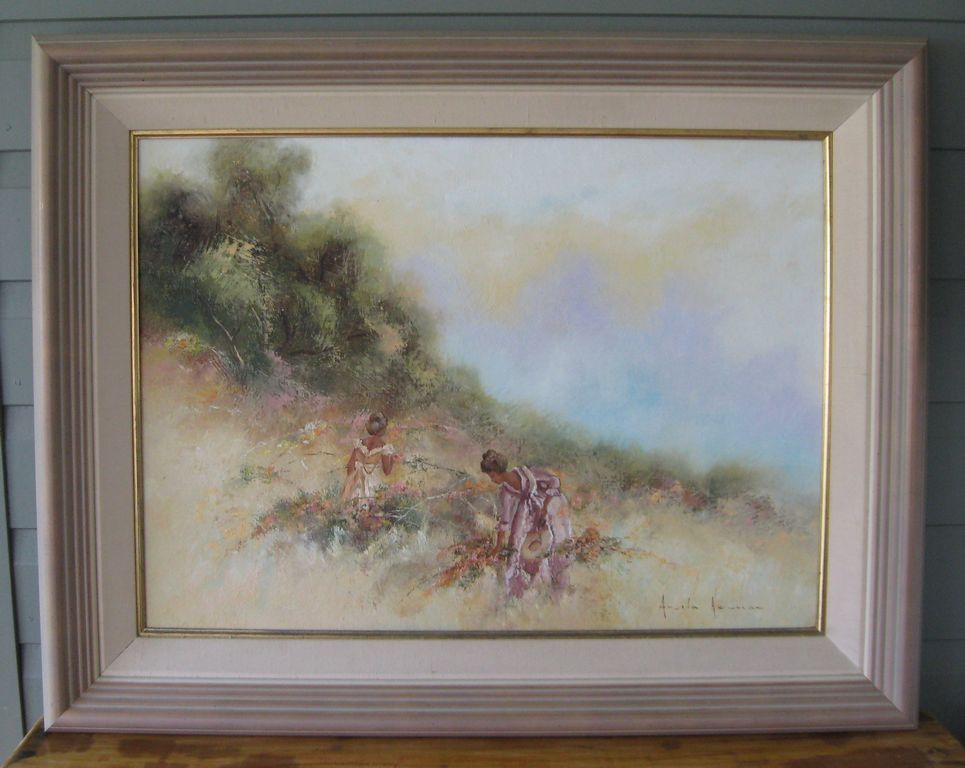 Anita Newman Oil Painting ' Picking Springs First Blooms ' About 1987
