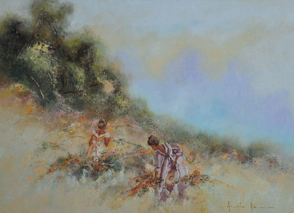 Anita Newman Oil Painting ' Picking Springs First Blooms ' About 1987