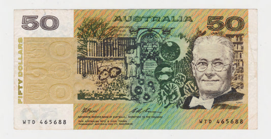 Australian 1993 50 Dollar Fraser Evans Banknote s/n WTD 465688 - Circulated