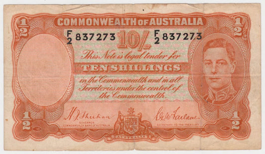 Australian 1939 10 Shilling Sheehan MacFarlane Note s/n F/2 837273 - Circulated