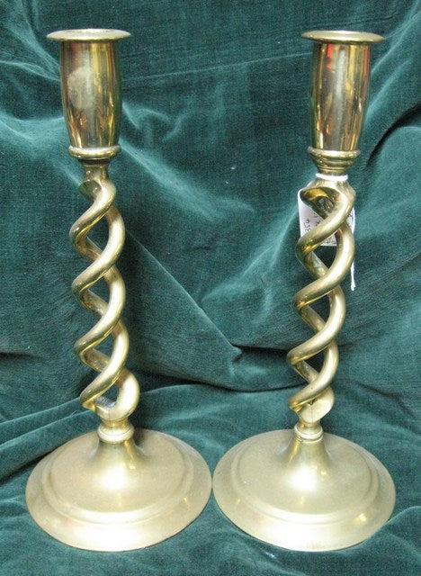 Pair of Late Victorian brass candlesticks with double twisted stems
