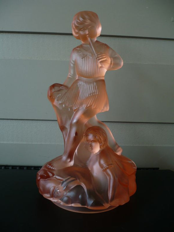 Table centre / float bowl figure of Peter Pan in frosted pink glass