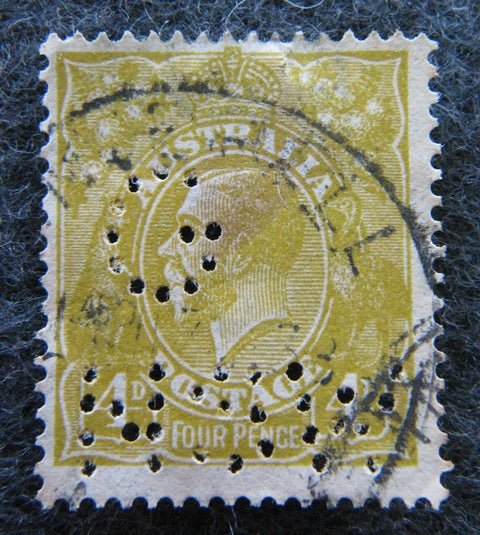 Australian 1913 - 36 Olive 4d 4 four penny King George V KGV stamp Definitive Issue R38 (perforated G NSW)