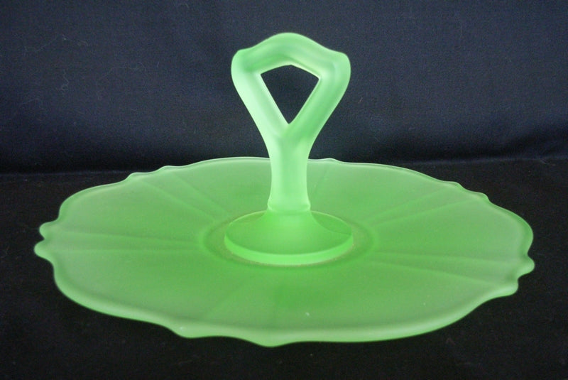 Green frosted citrine / citreon / uranium glass handled cake plate SOLD ANOTHER WANTED