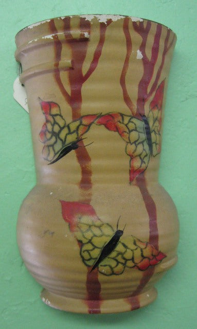 English matt glazed hand decorated wall pocket / wall vase